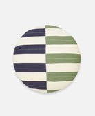 Circular beige throw pillow featuring horizontal leveled navy blue and green stripes