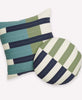 Navy, teal, and green striped organic cotton throw pill and circular navy and green horizontal stripe throw pillow