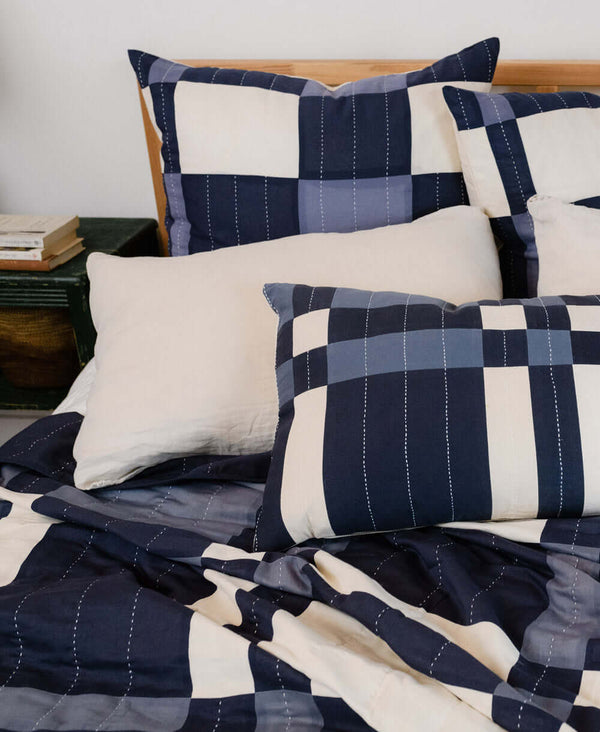 organic cotton plaid quilted euro sham in navy blue