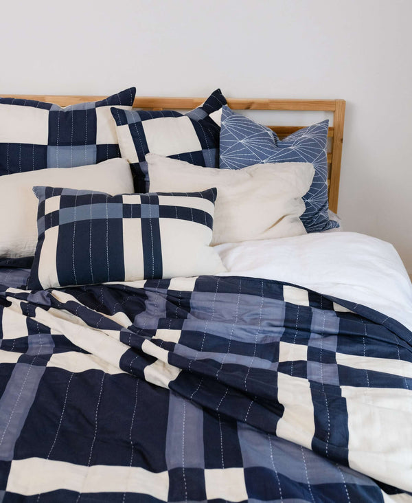 navy blue plaid quilted bedding handmade by artisans in India