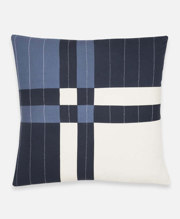 navy and slate blue patchwork plaid throw pillow by Anchal