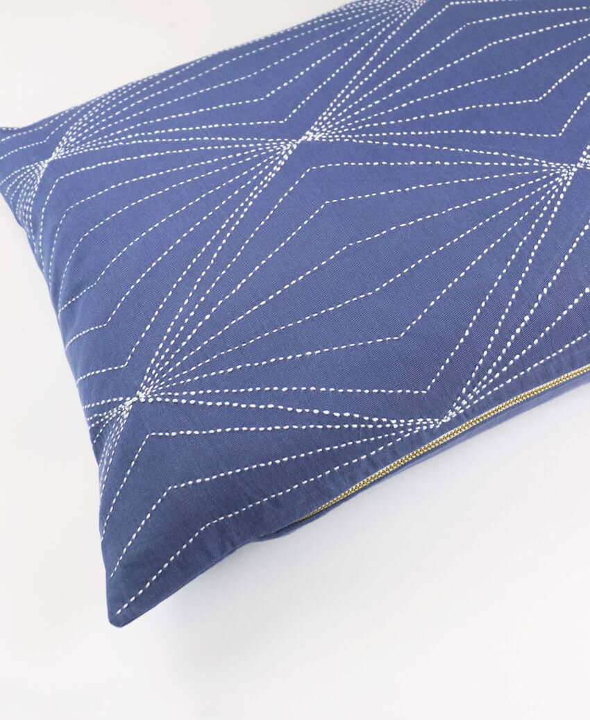 geometric pattern lumbar pillow with hand-stitching by Anchal artisans