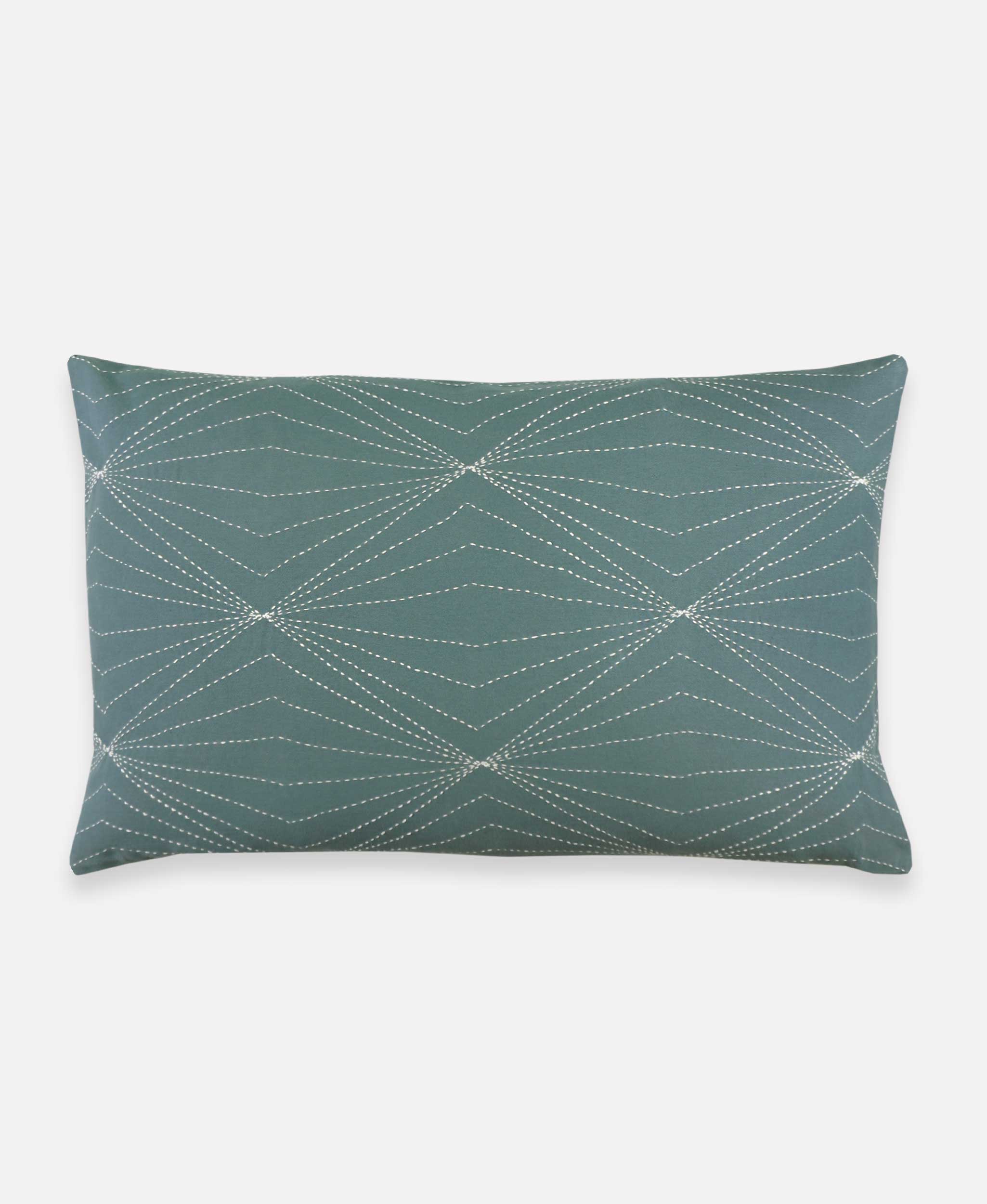 spruce lumbar throw pillow with geometric hand embroidered pattern that is eco friendly