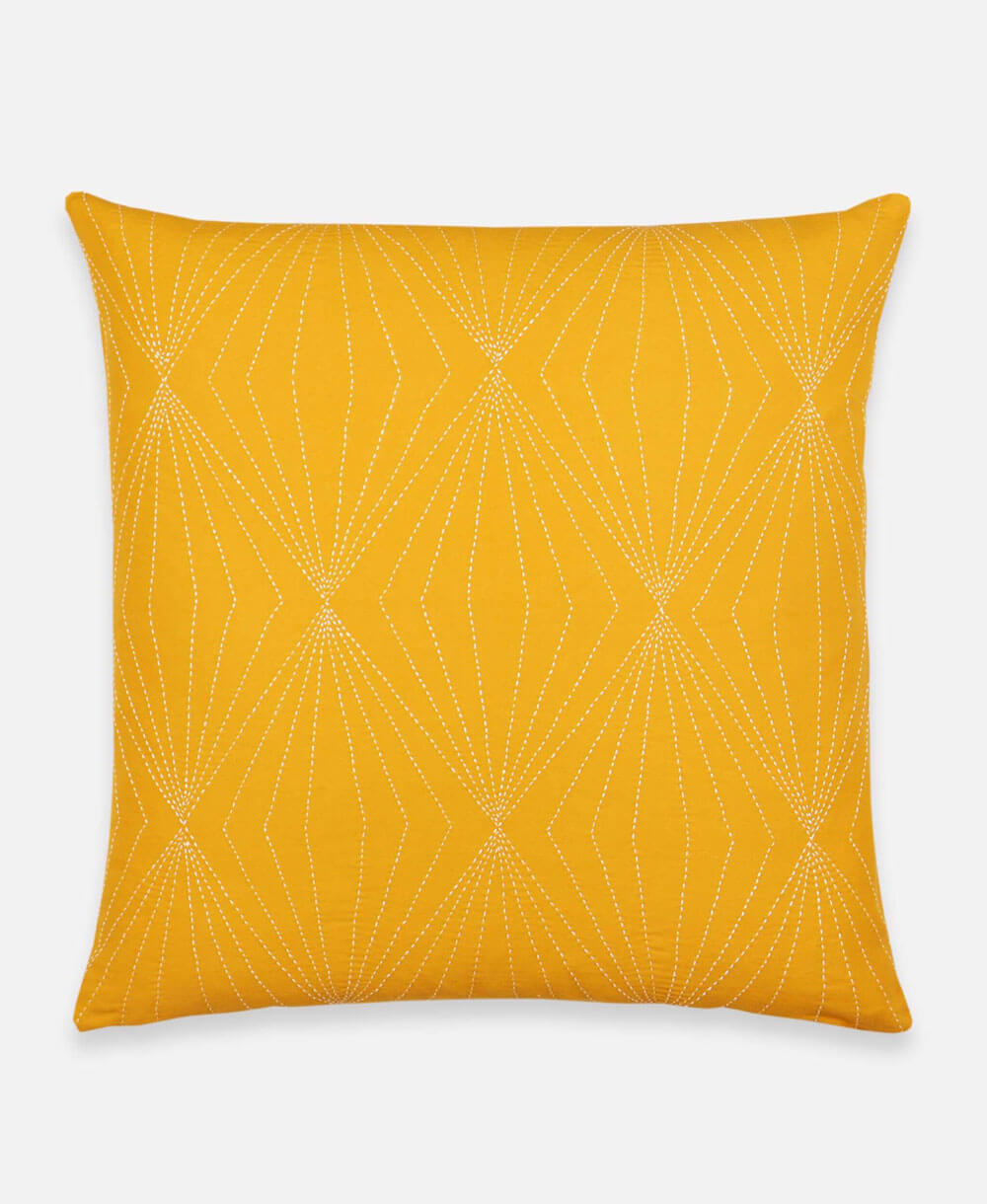 Anchal mustard yellow throw pillow hand-stitched by artisans in India