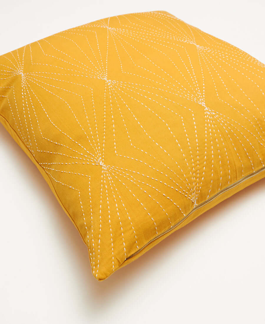 organic cotton hand-embroidered modern throw pillow with geometric pattern