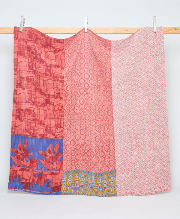 coral queen kantha quilt handmade from vintage cotton