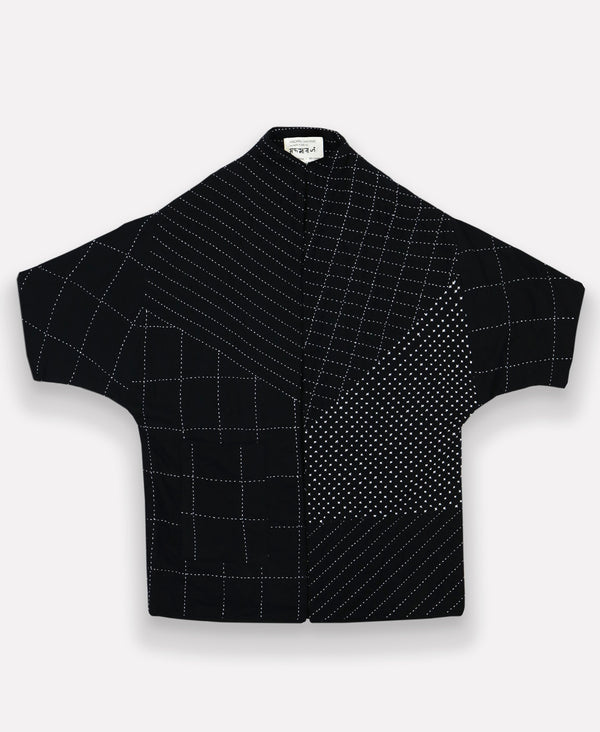 Flat-lay image of well made black jacket out of organic cotton featuring unique stitching patterns