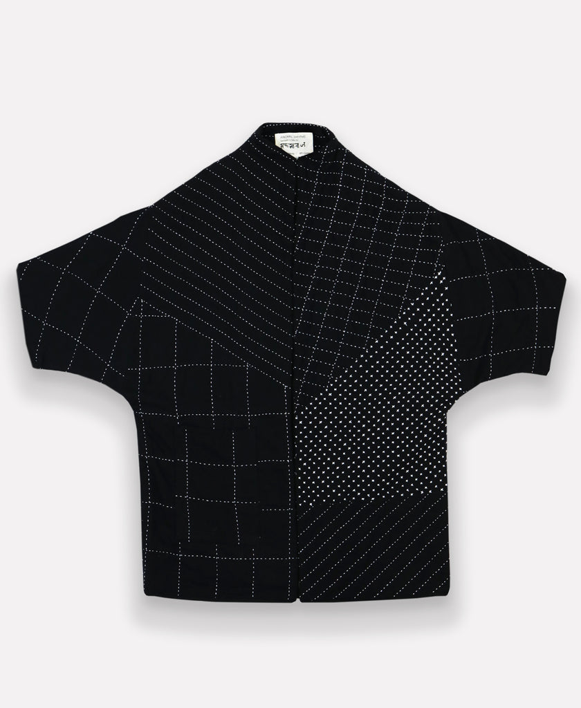 Flat-lay image of well made black jacket out of organic cotton featuring unique stitching patterns