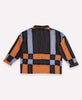 ethically made quilted chore jacket in patchwork plaid pattern in slate blue, rust orange and charcoal black by Anchal Project
