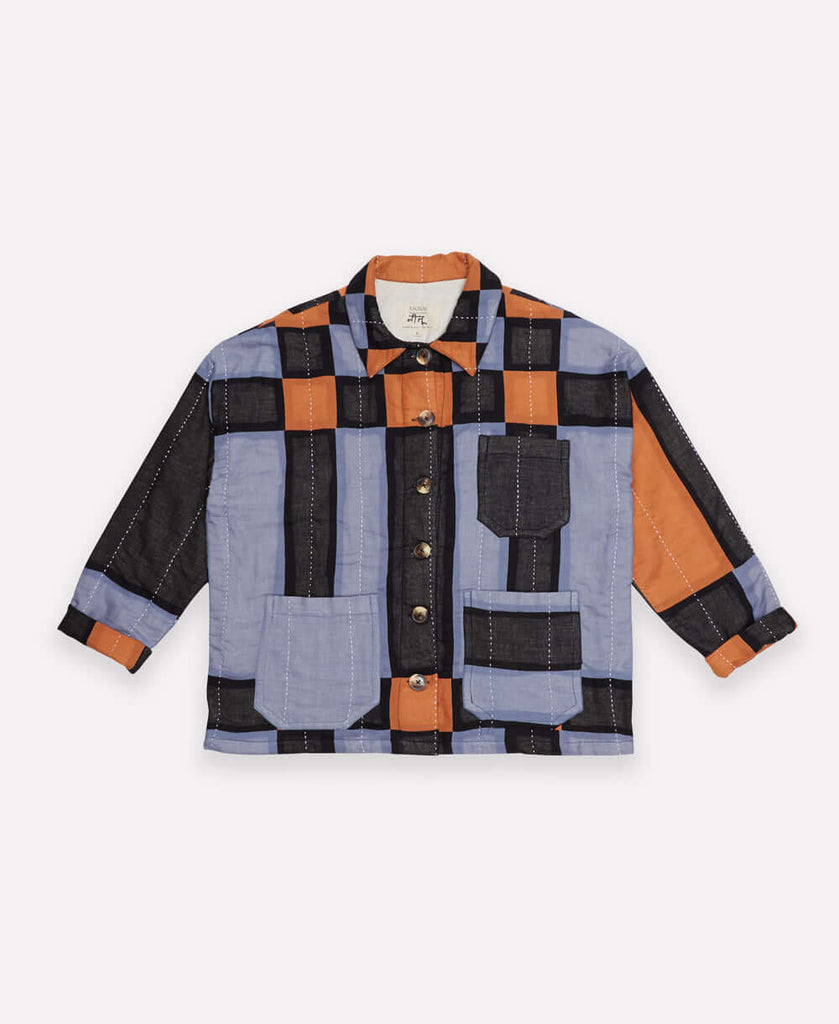blue, orange, and black plaid design chore jacket made from organic cotton