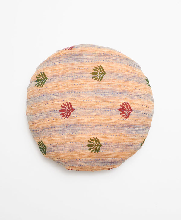 Orange and blue faded striped round vintage kantha throw pillow with a red and green stamp pattern 