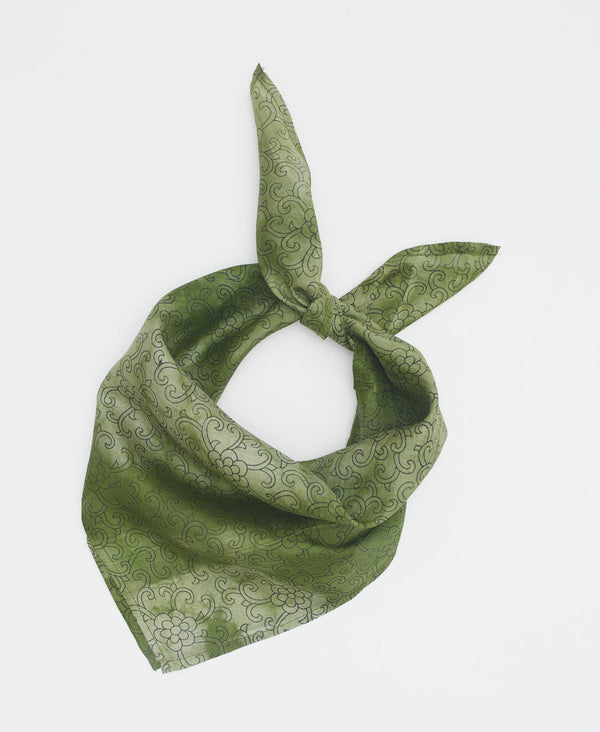 leaf green soft silk bandana with swirling floral patterns