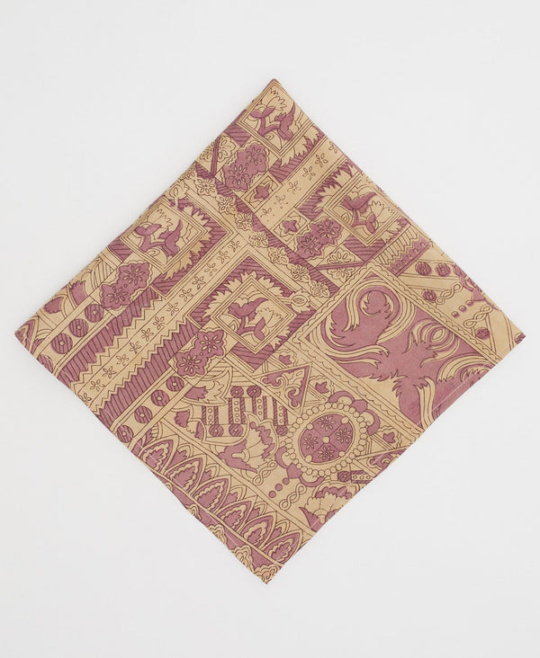 Purple and Beige vintage silk bandana featuring an intricate pattern 