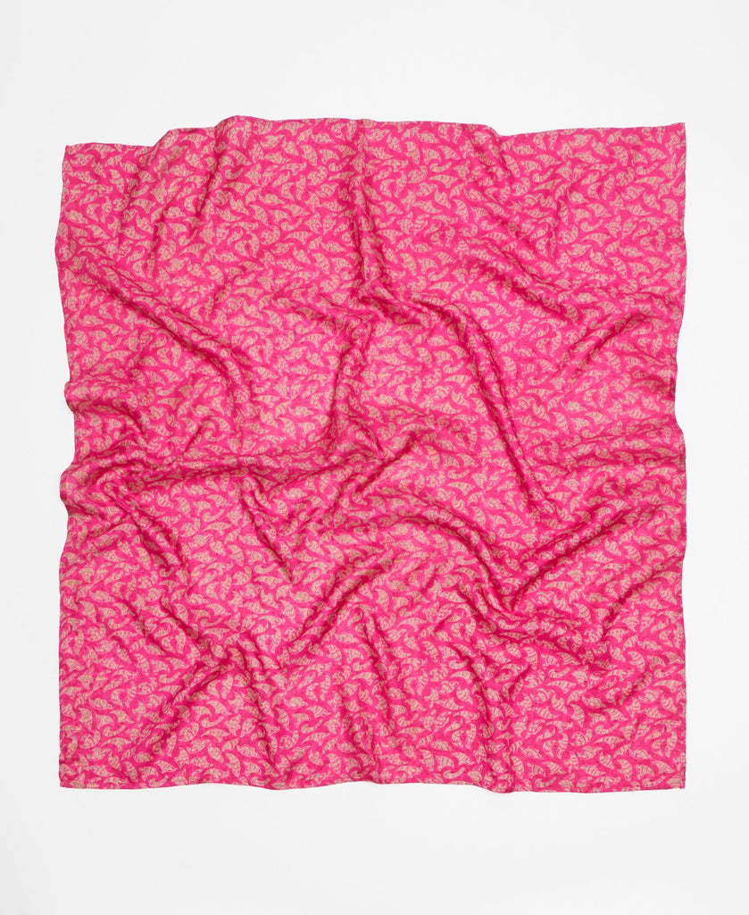 Handcrafted hot pink silk square scarf with a small paisley print 