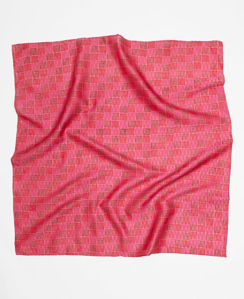 Red, pink, and brown checkered print silk square scarf
