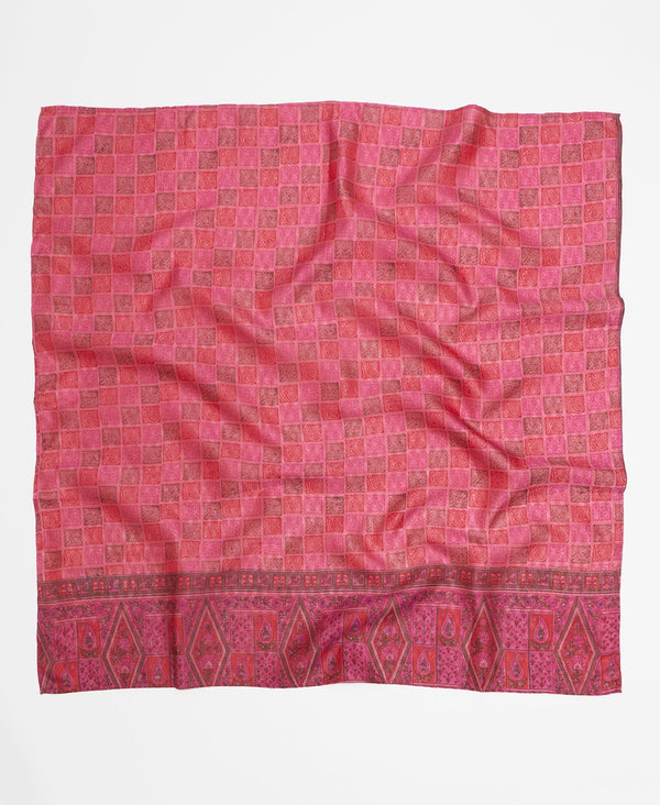 Red and pink check print silk square scarf featuring a contrasting pattern on the edges 