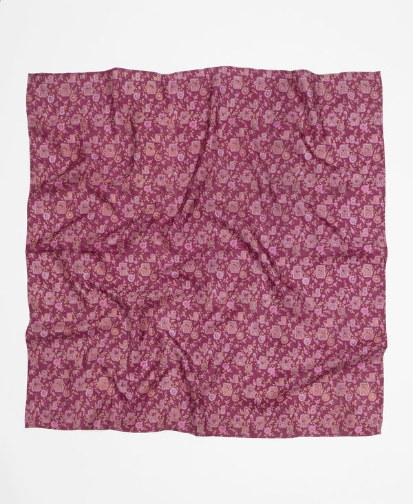 Deep purple silk square scarf featuring an inctricate floral pattern 