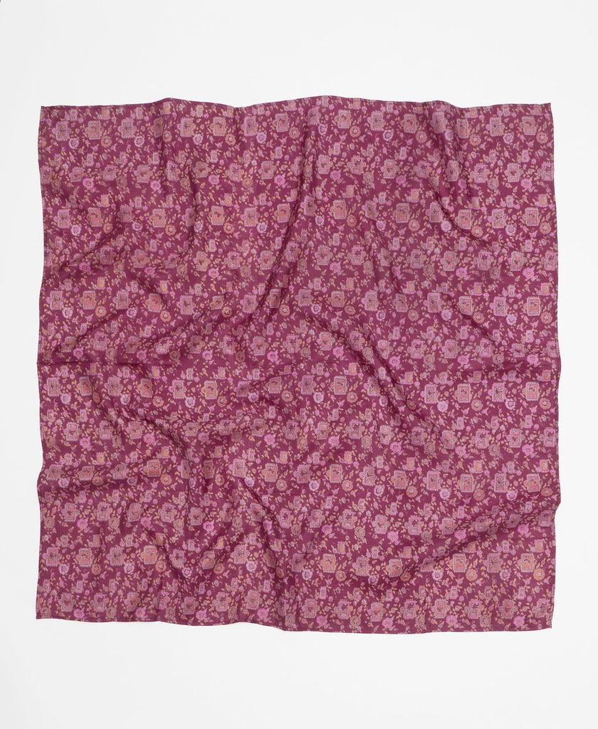 Deep purple silk square scarf featuring an inctricate floral pattern 