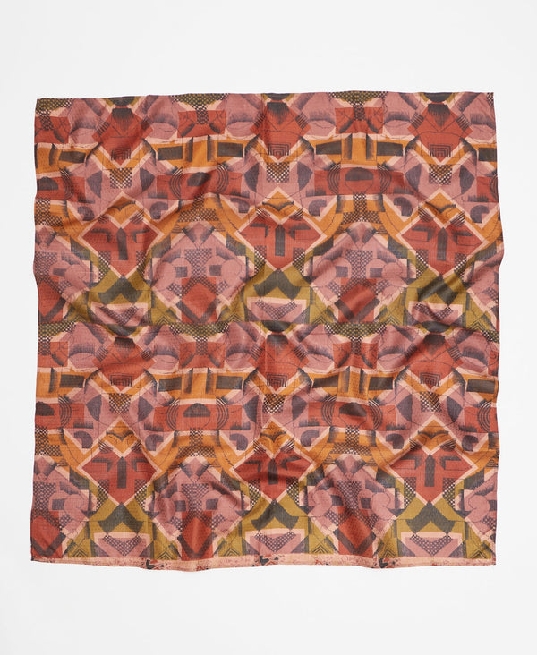 Tan, brown, orange, and green geometric print silk square scarf 