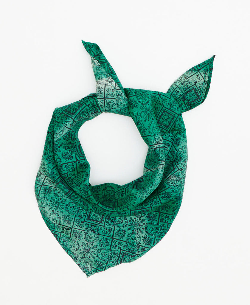jade green vintage silk bandana with black geometric details 