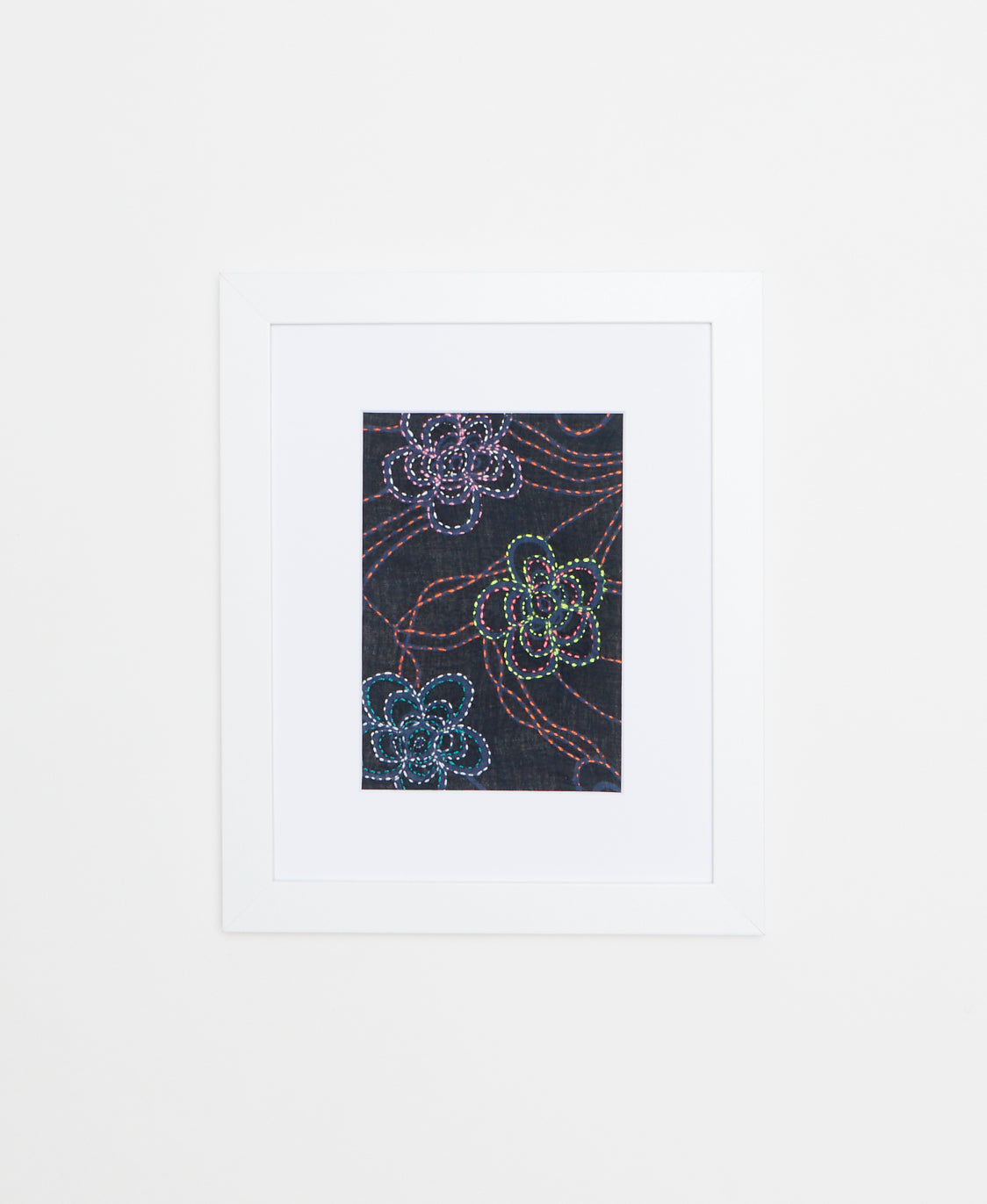 Handcrafted artisan-made textile framed artwork featuring a floral design on a navy blue or black background 