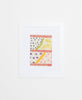 Handcrafted artisan-made famed textile art featuring a hybrid dot, line, and floral design on a white background 
