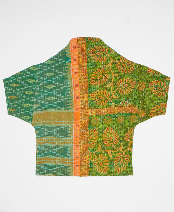 Green and yellow floral artisan-made cocoon jacket featruing Kantha stitching 