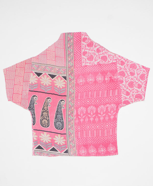 Pink and cream floral print artisan-made cocoon jacket featruing Kantha stitching 