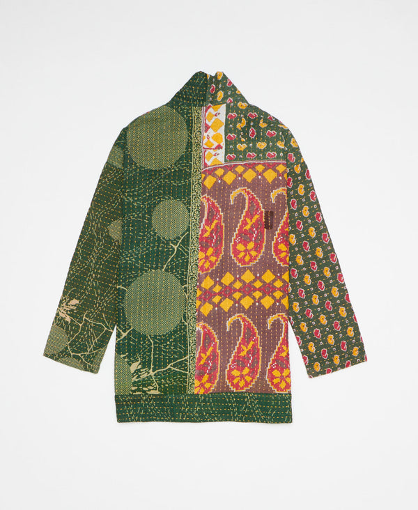 Forest green, red, and yellow abstract print artisan-made jacket created with upcycled vintage saris 