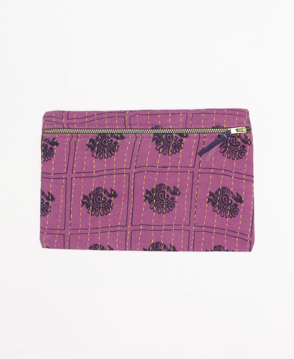 bright purple small bag that features a unique bird pattern as well as yellow kantha stitching