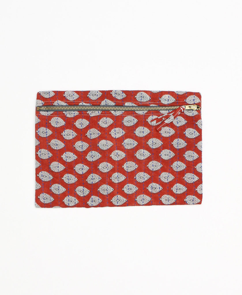 Bright red minimal pattern pouch featuring a Kantha stitch technique 