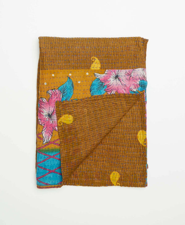 soft brown cotton small quilt made of upcycled vintage saris