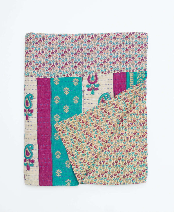 Green and purple traditional patterned small throw blanket that was sustainably created from vintage fabrics 