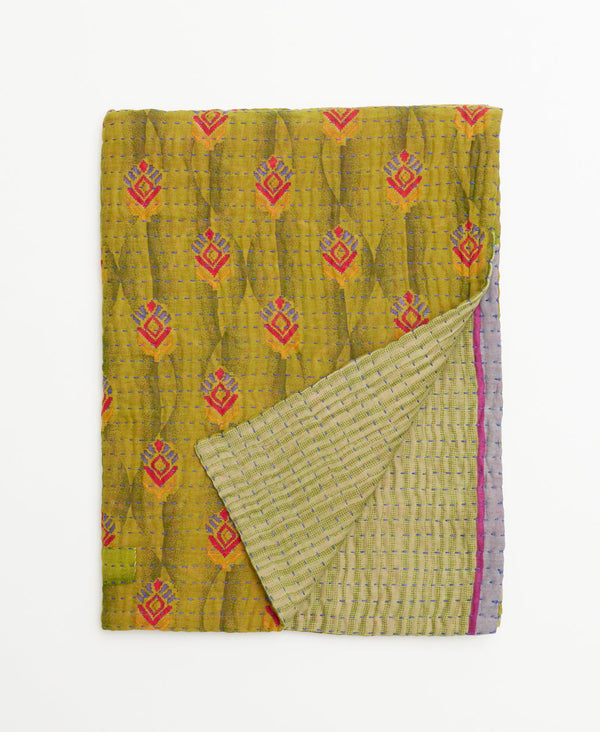green geometric small kantha quilt 