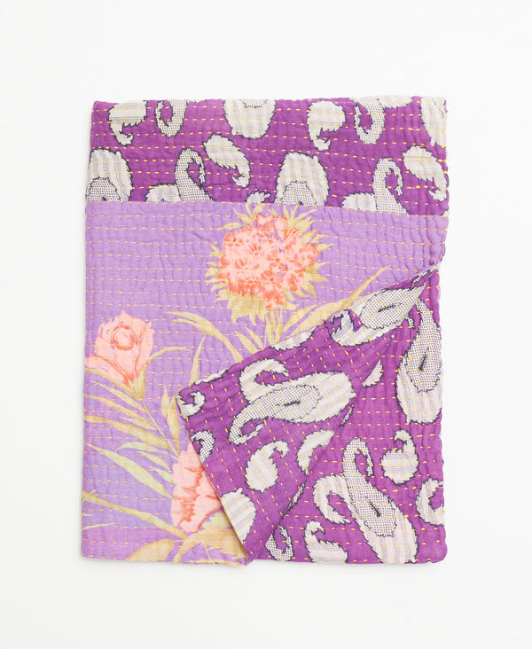 purple floral small kantha quilt made from cotton saris