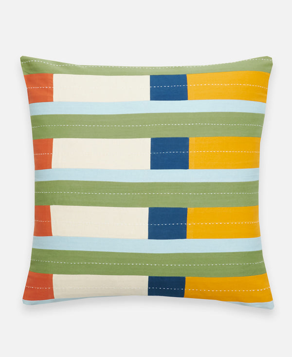 red, green, blue, and yellow stamp striped throw pillow by Anchal Project