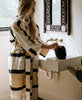 White, black, and ivory striped organic cotton long robe with hand embroidery