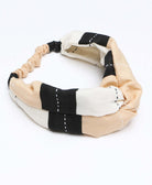 black, white and tan stripe twist headband made from 100% organic cotton in India by women artisans