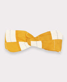 ethically made stripe twist headband in mustard yellow and white with hand-embroidery