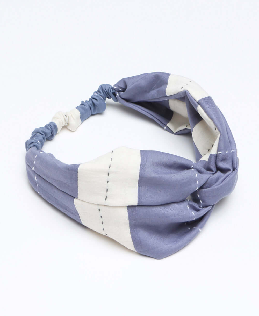 blue and white stripe twist headband made from 100% organic cotton