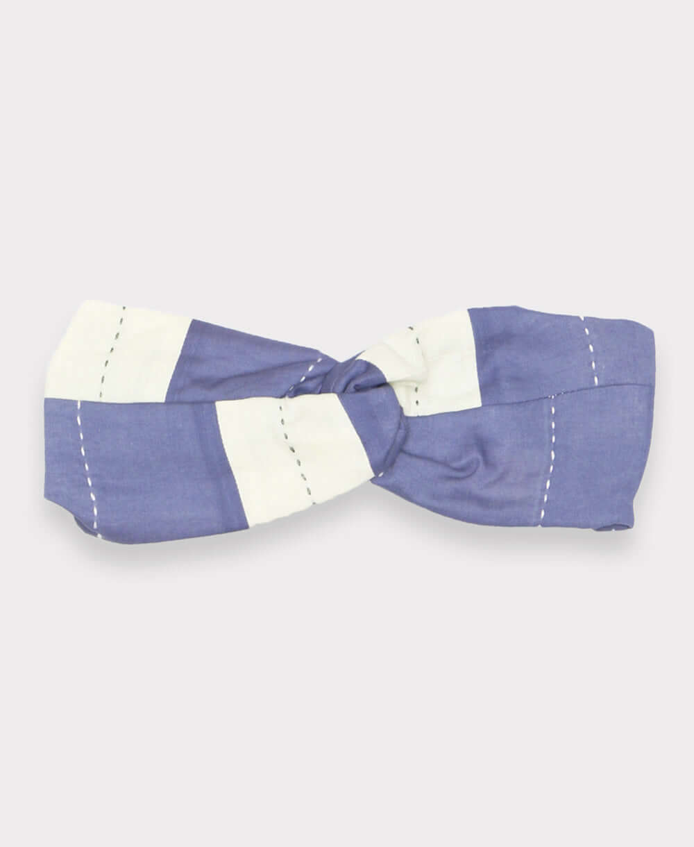 blue and white stripe twist headband made from upcycled organic cotton