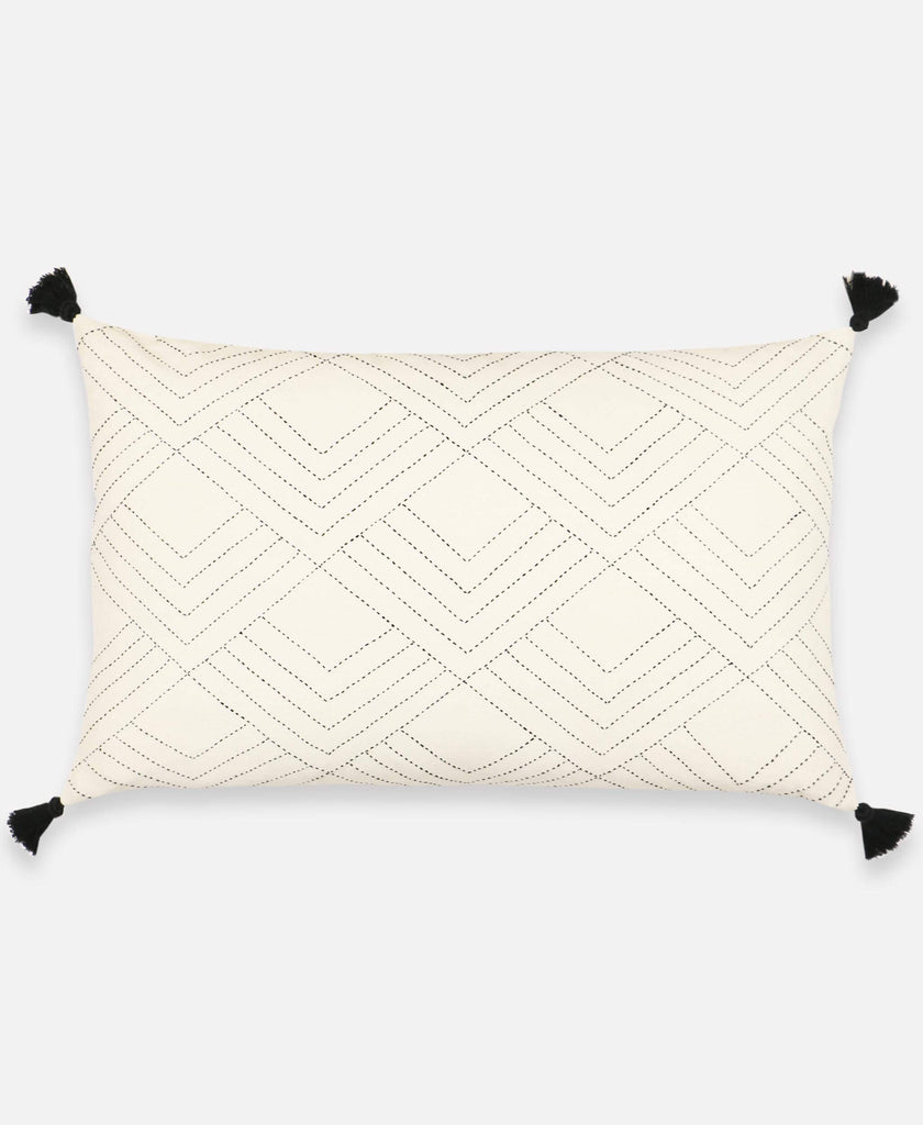 Anchal Project ivory tassel lumbar pillow with hand-stitched geometric tile design