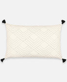 Anchal Project ivory tassel lumbar pillow with hand-stitched geometric tile design