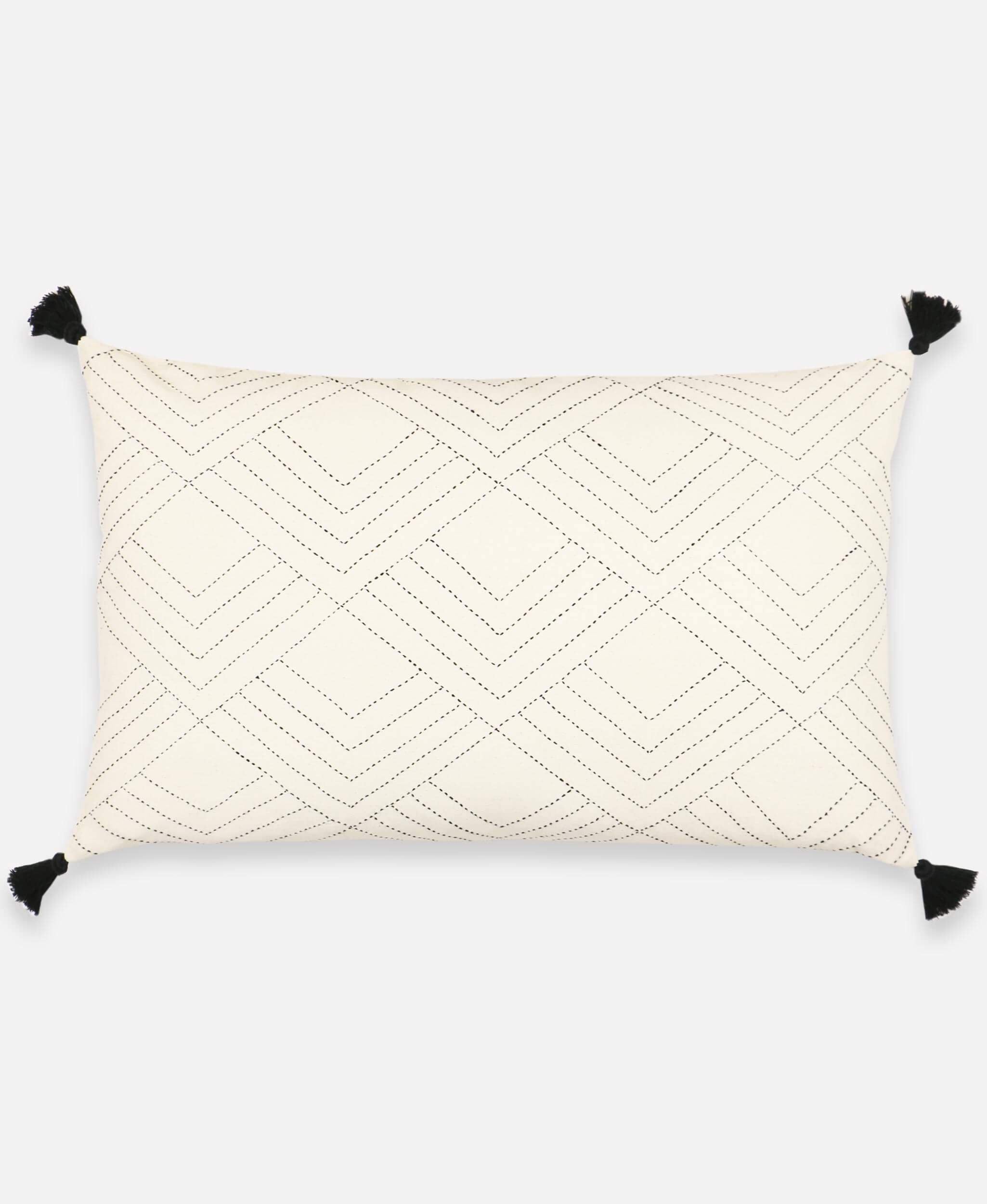 Anchal Project ivory tassel lumbar pillow with hand-stitched geometric tile design