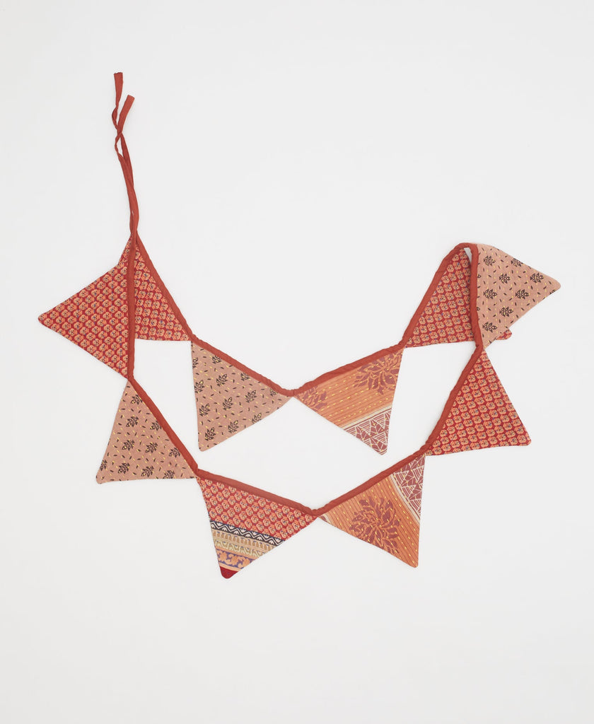 red and orange triangle garland bunting flag with traditional kantha stitching