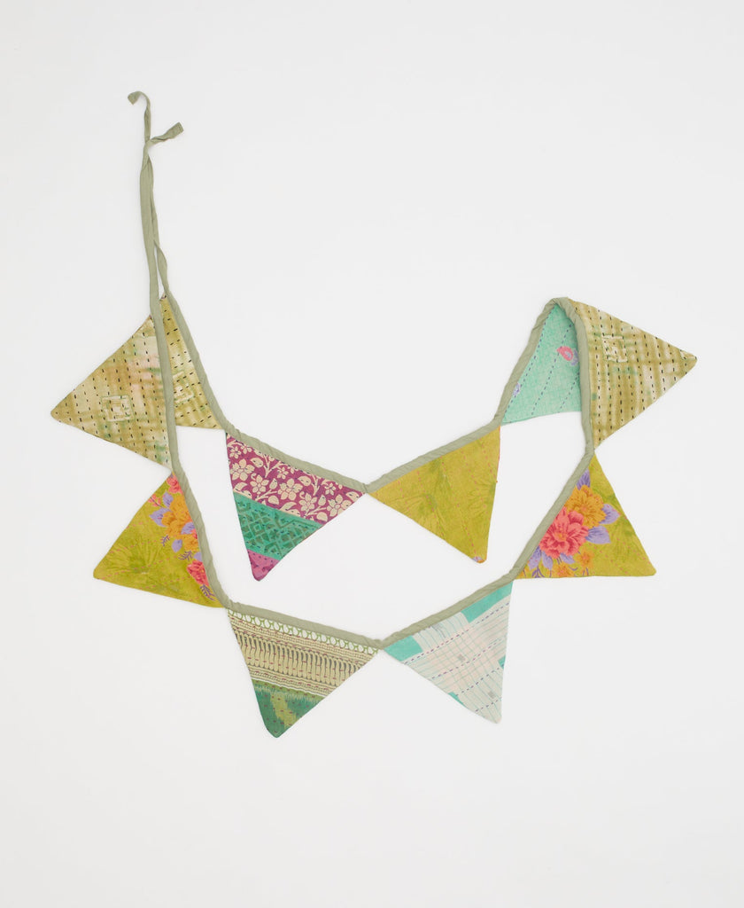 bright and cheery green triangle flag garland with traditional kantha stitching 