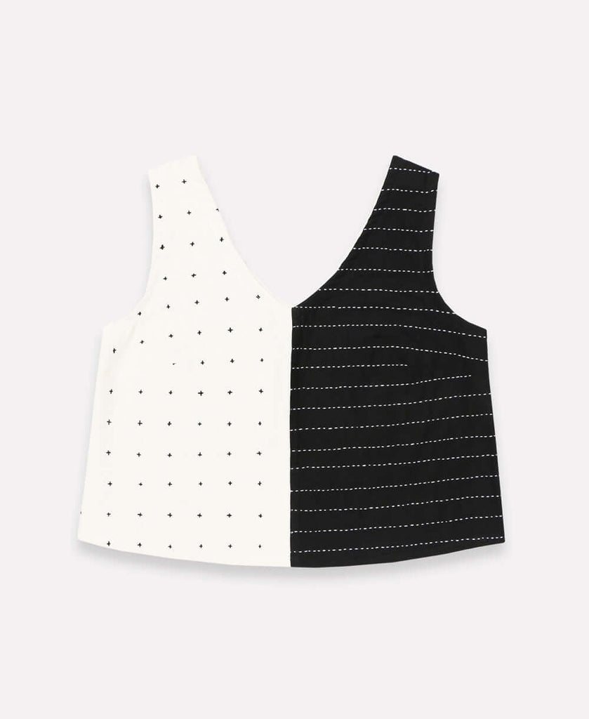 monochromatic boxy black and white cropped structured tank top with hand-embroidery by Anchal Project