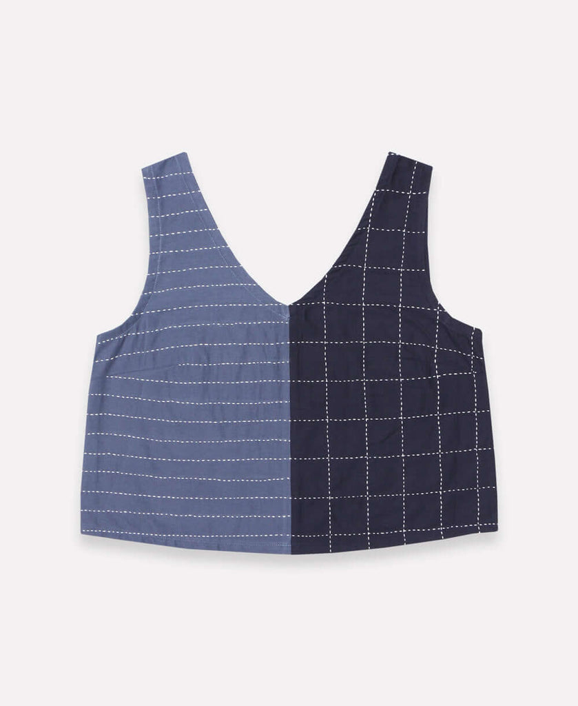 modern minimalist tank top in two-tone blues with modern embroidered pattern