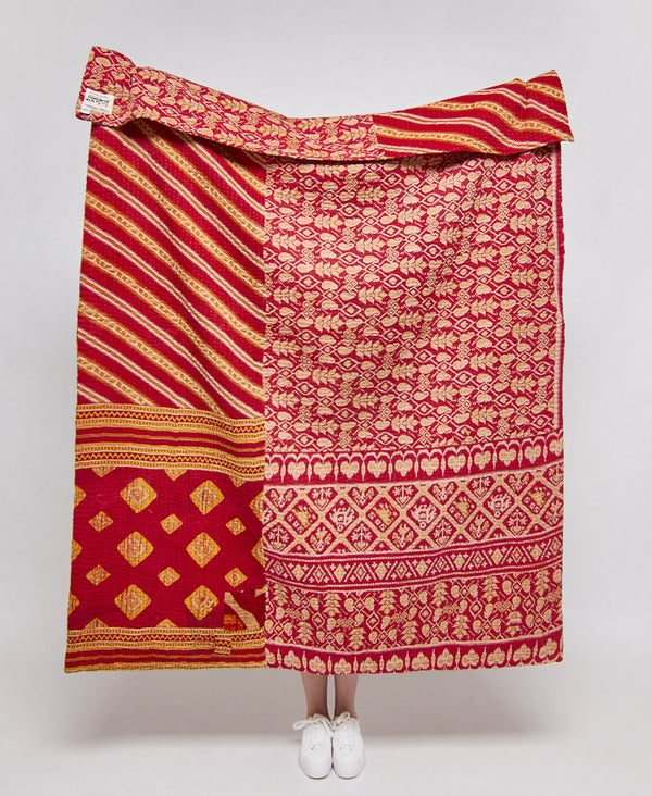 Bold red and orange vintage cotton large quilt throw 