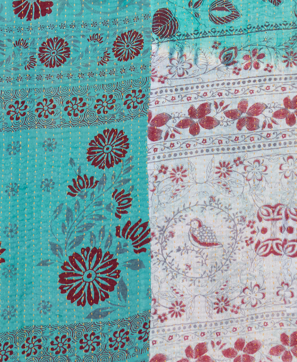 Contrasting patterns and yellow traditional kantha hand stitching make is large throw quilt one of a  kind 